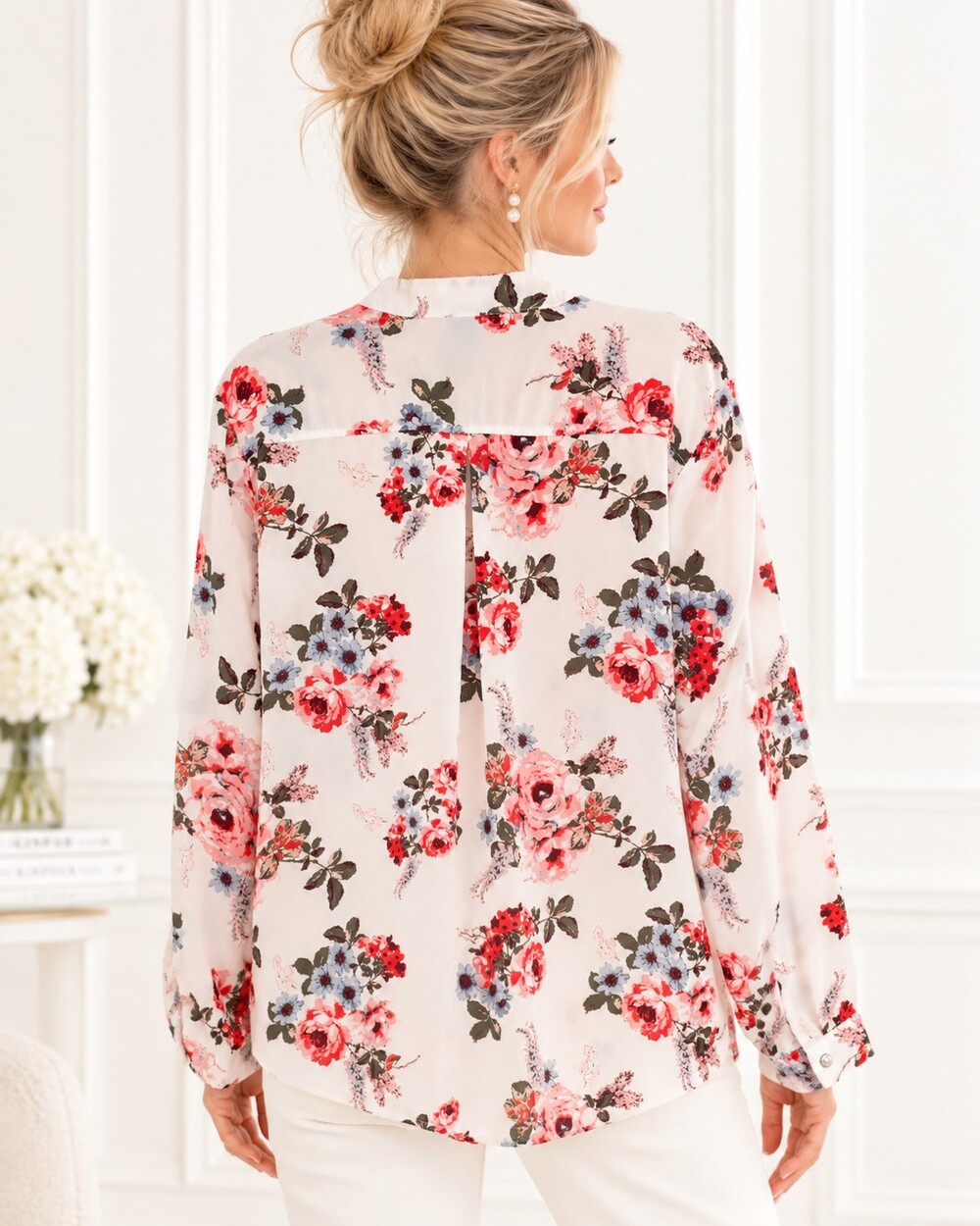 rue+ | Floral Lace Up Blouse Ivory Pink Blue Long Sleeve Plus | Size 2X - Picture 3 of 9